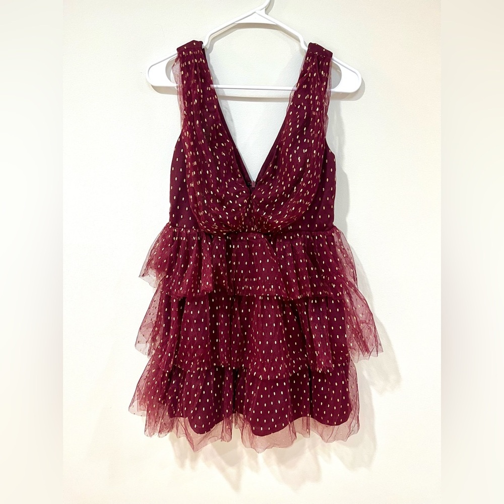 Lulus Forever Sparkling burgundy dotted mesh tiered mini dress size Medium - Picture 3 of 9